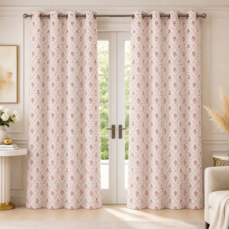 Dreamzy Printed Cotton Curtains (Orange) - Set of Two