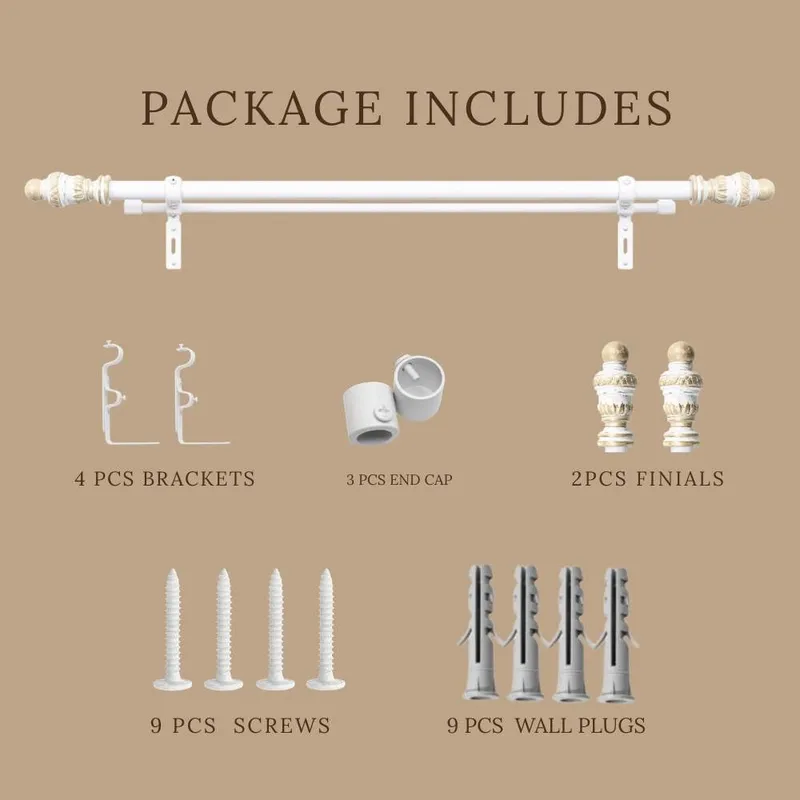 White double curtain rod set with brackets, end caps, finials, screws and wall plugs