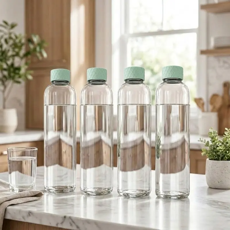 Clarity Bloom Glass Water Bottle (1000 mL Each/Green) - Set of Four - 1000 mL