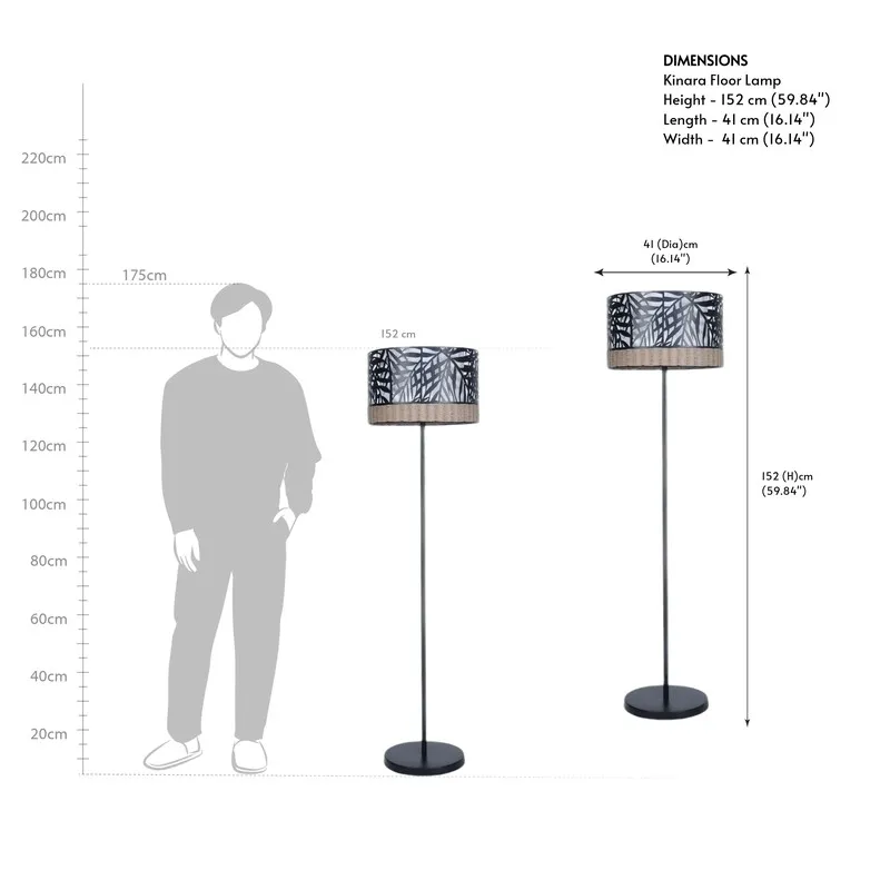 Floor lamp size reference image showing height and shade diameter