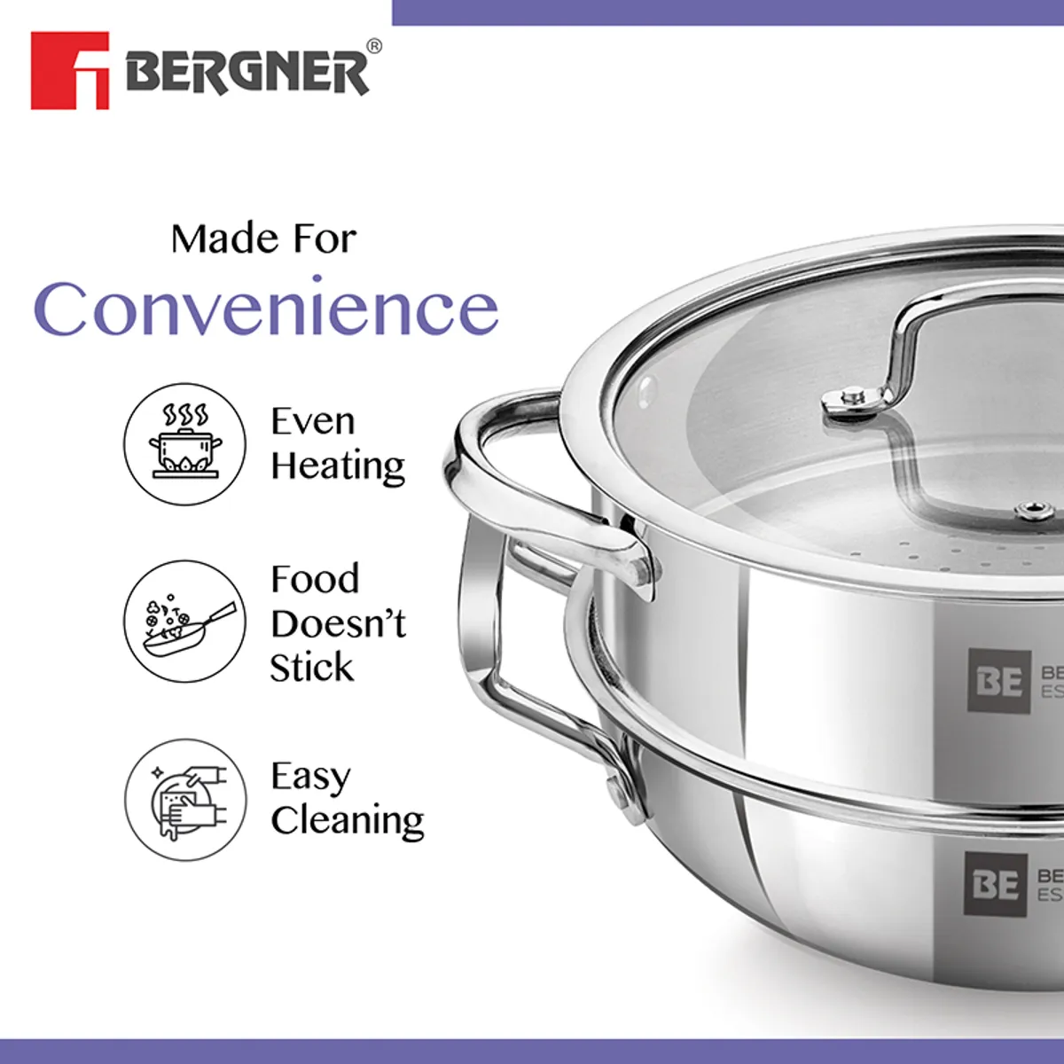 Close-up of silver cookware set with side handles and glass lid