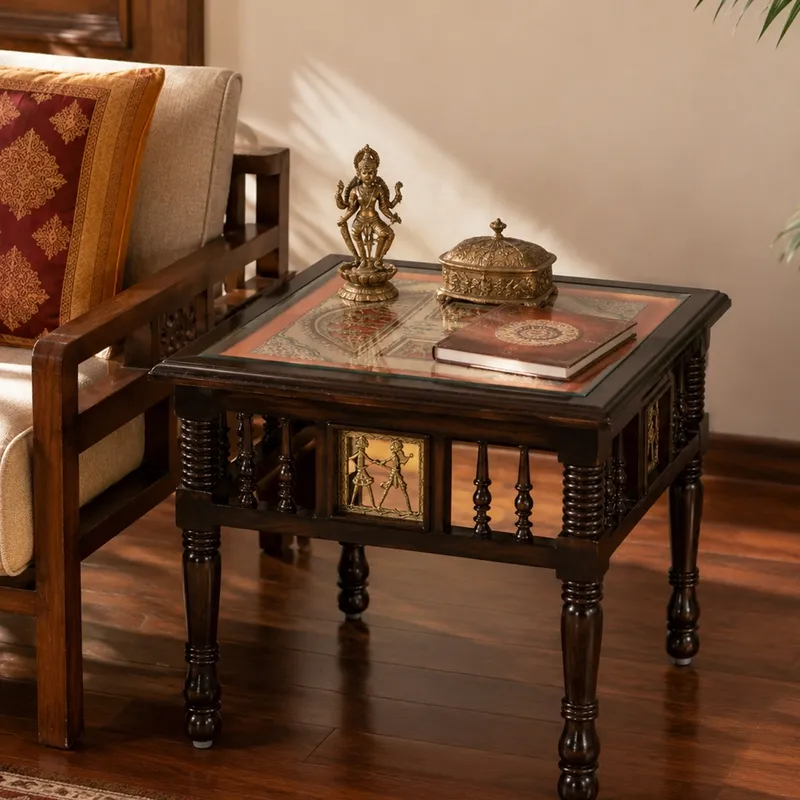 Teak wood side table with decorative top panel and turned legs