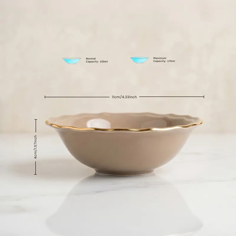 Grey bowl with gold rim shown in side view