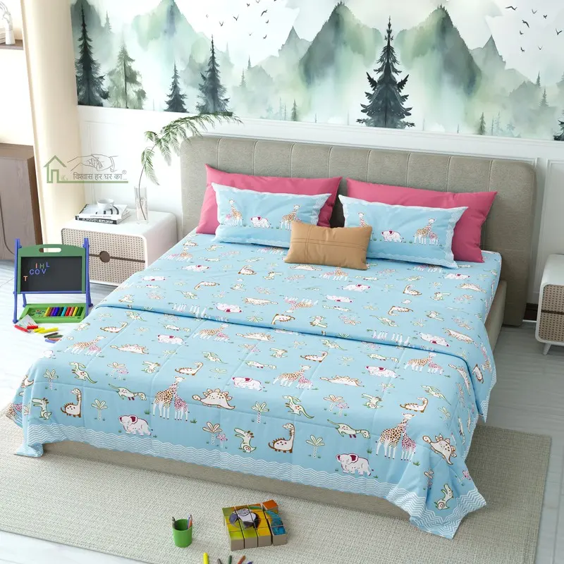 Little Pals Printed Cotton Kids Bedsheet (Sky Blue) - 120 TC