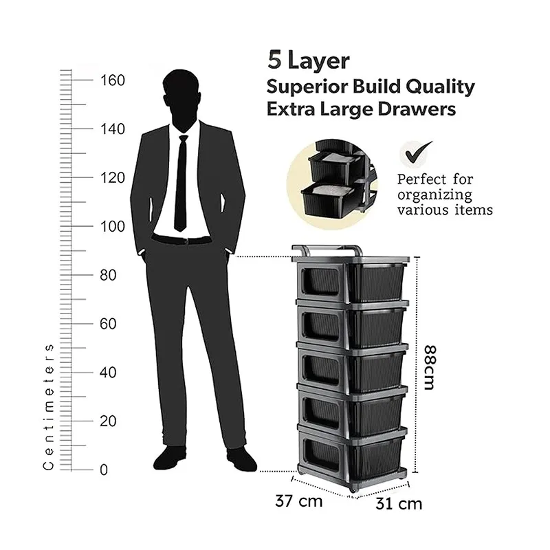 Five-tier organiser rack shown alongside a height comparison figure.