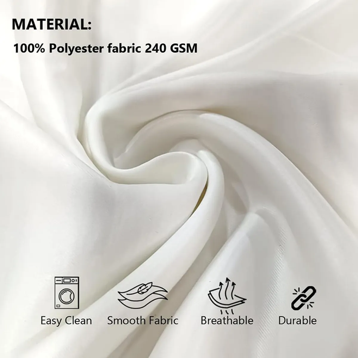 Close-up of the smooth white polyester fabric with purple floral print.