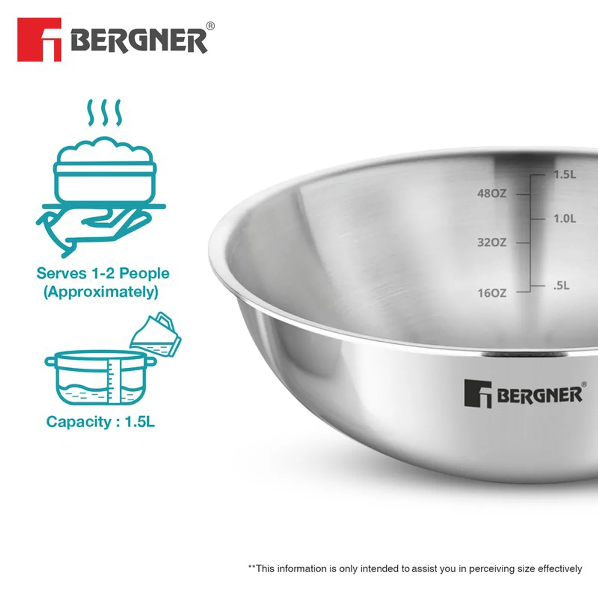 Close-up of the silver bowl showing its 1500 mL capacity markings.
