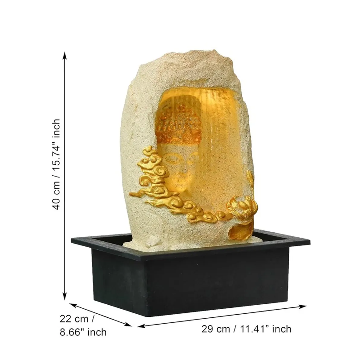 Angled product view of the fountain with dimensions shown in the image