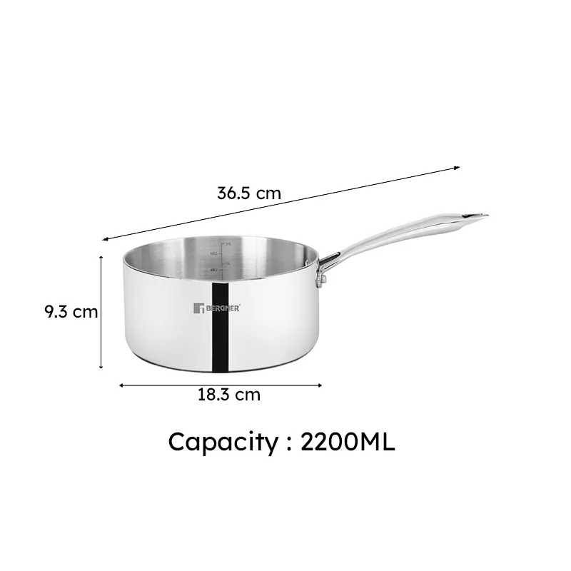 Silver saucepan shown with length, breadth, height and capacity details