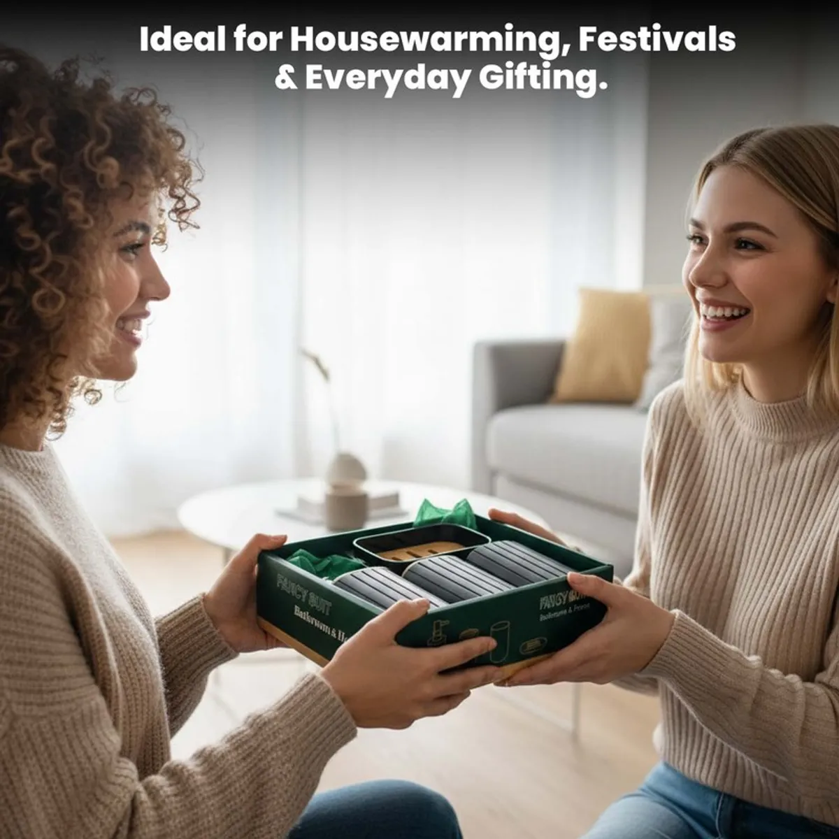 Two people exchanging a boxed black bathroom accessories set as a gift.
