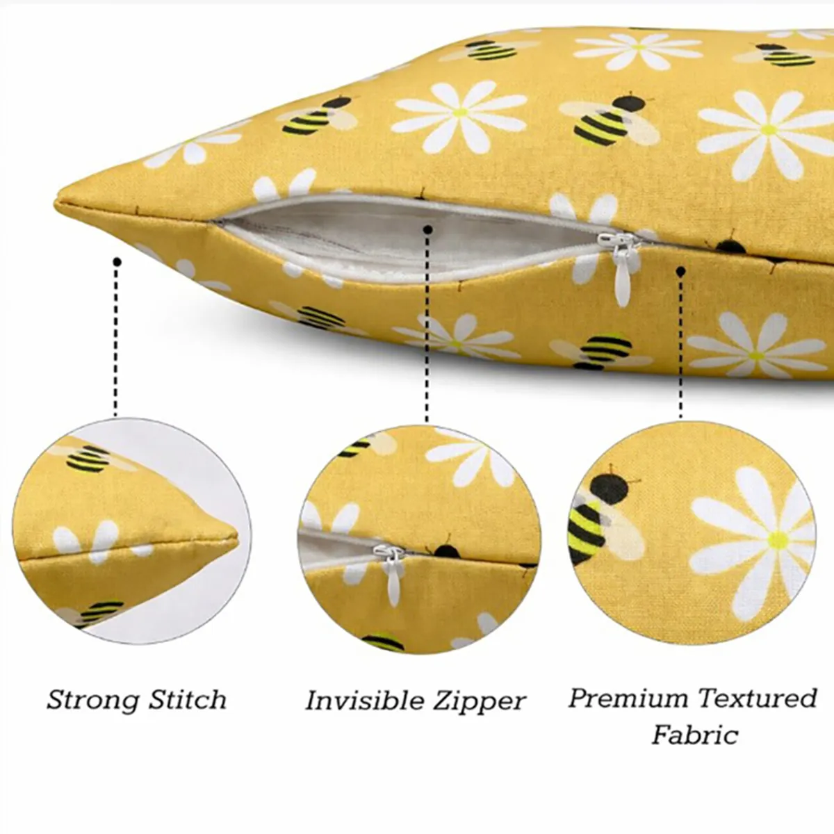 Close-up of a yellow floral cushion cover with a zip closure