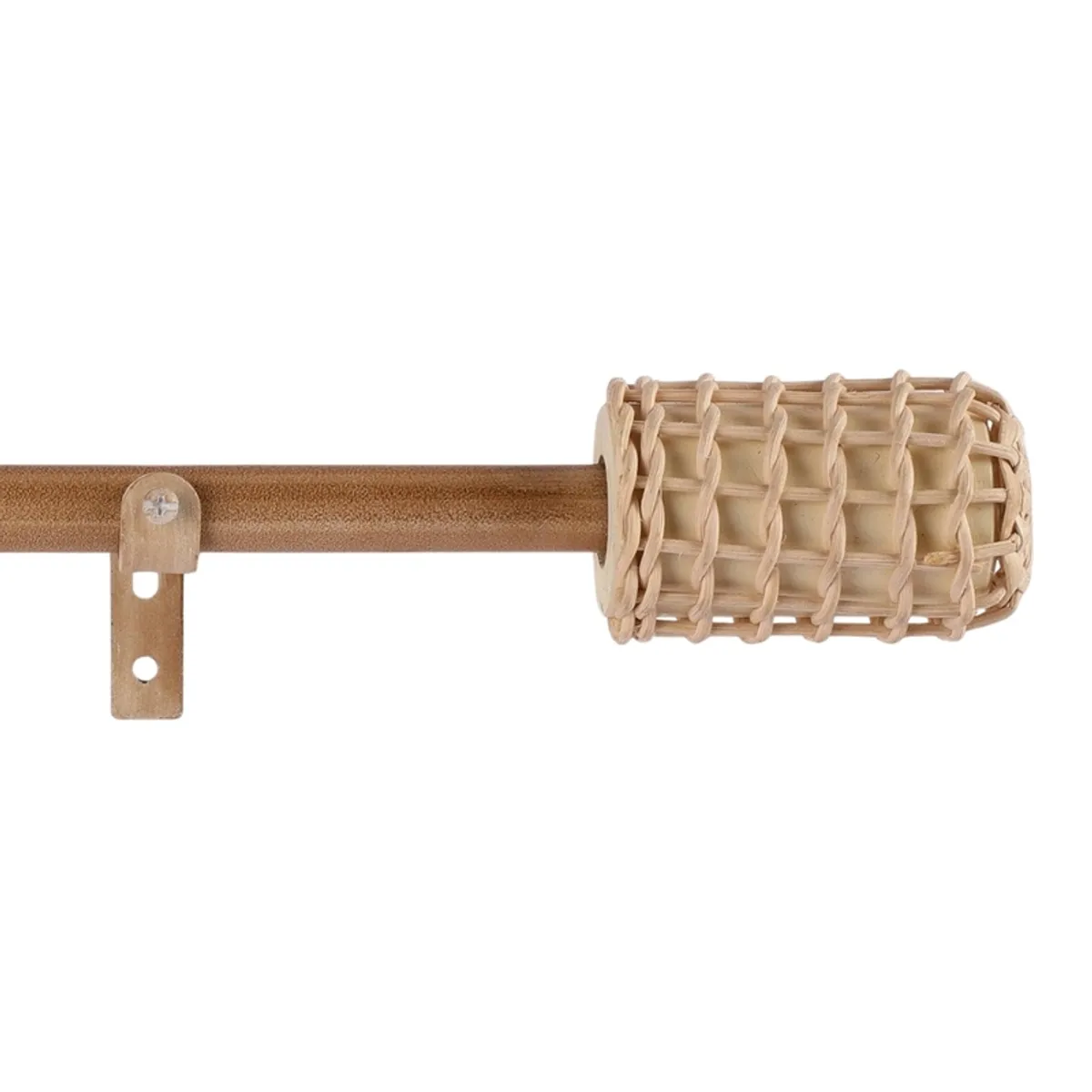 Close-up of beige curtain rod with round textured finial and metal bracket