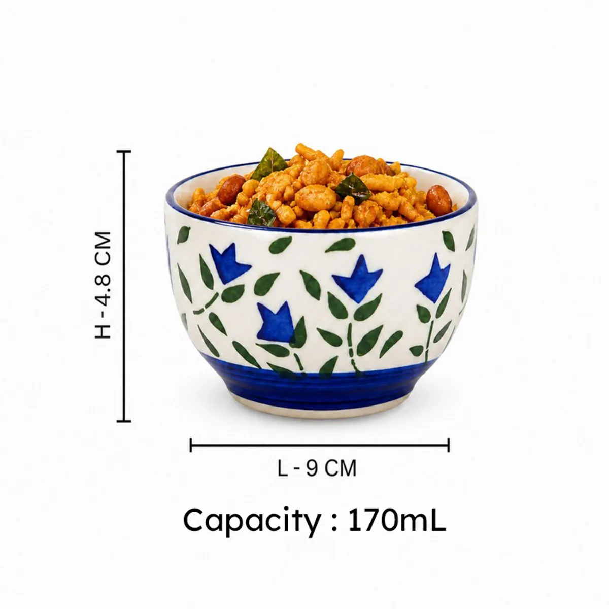 Blue and white floral ceramic bowl shown with length and height measurements
