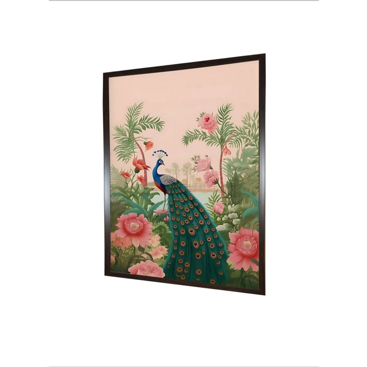 Angled view of framed peacock garden canvas wall painting