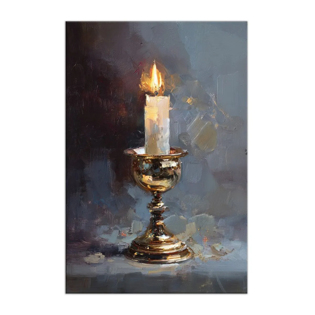 Canvas wall painting showing a lit candle in a brass candlestick against a dark background
