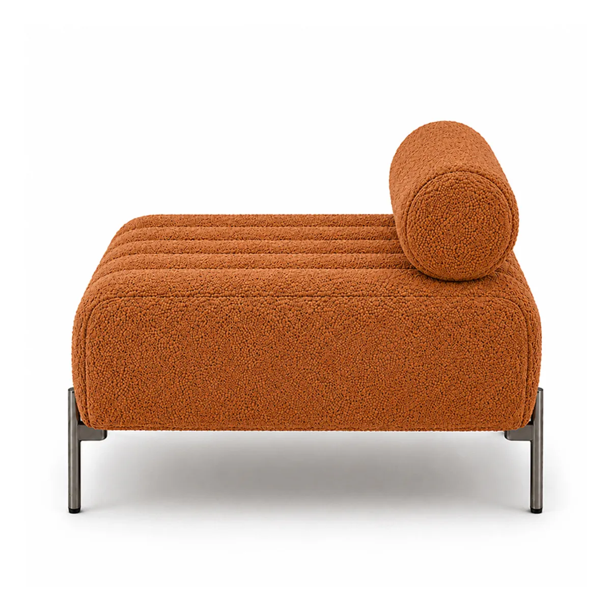 Side view of the rust upholstered bench with cylindrical bolster backrest
