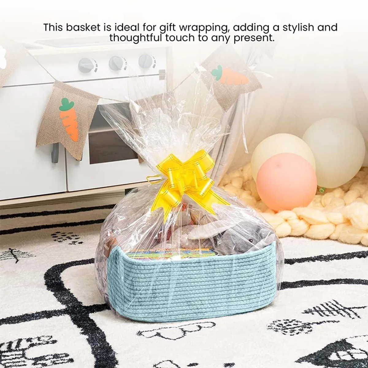Blue woven basket used as a gift hamper with clear wrapping and yellow bow
