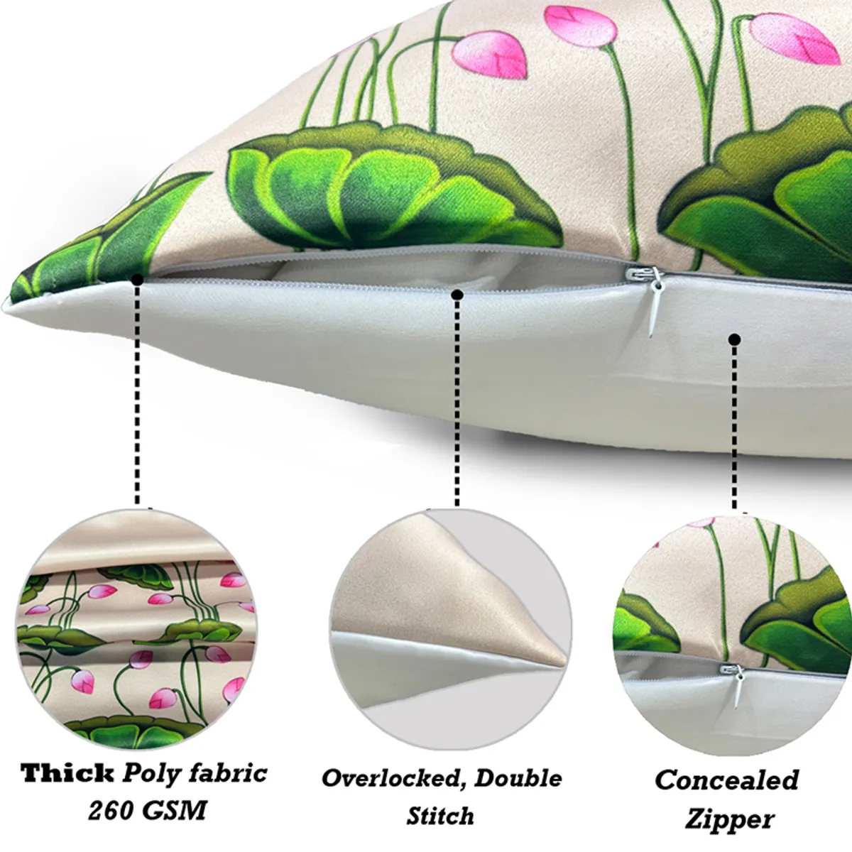 Close-up of a floral cushion cover showing its zip closure and stitched edge