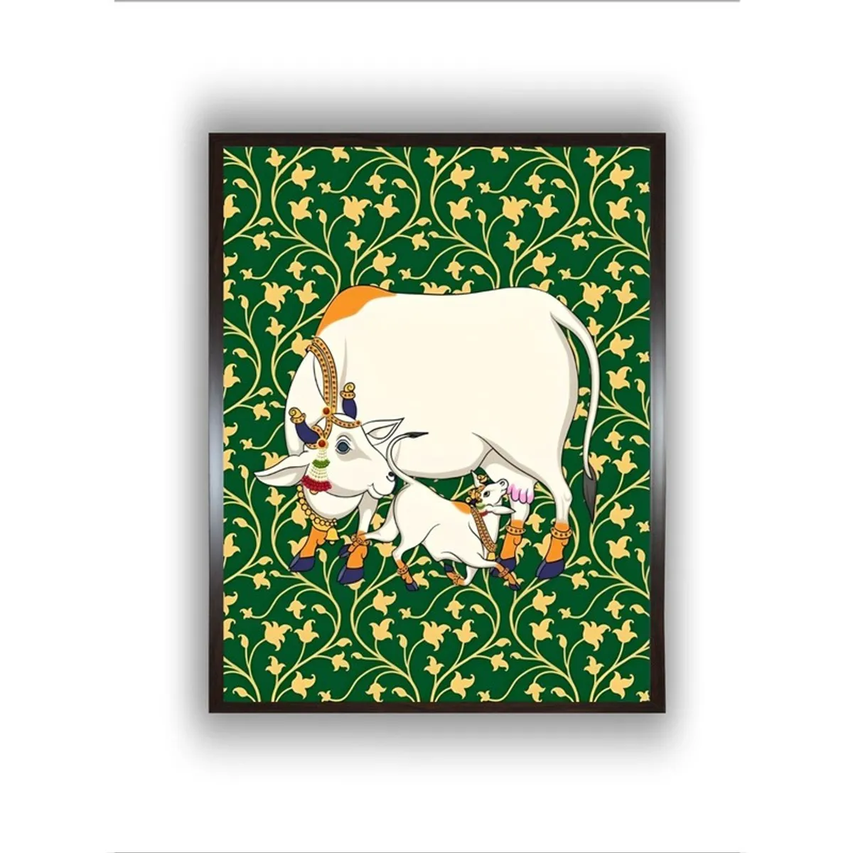 Front view of mother cow and calf folk art painting in a dark frame