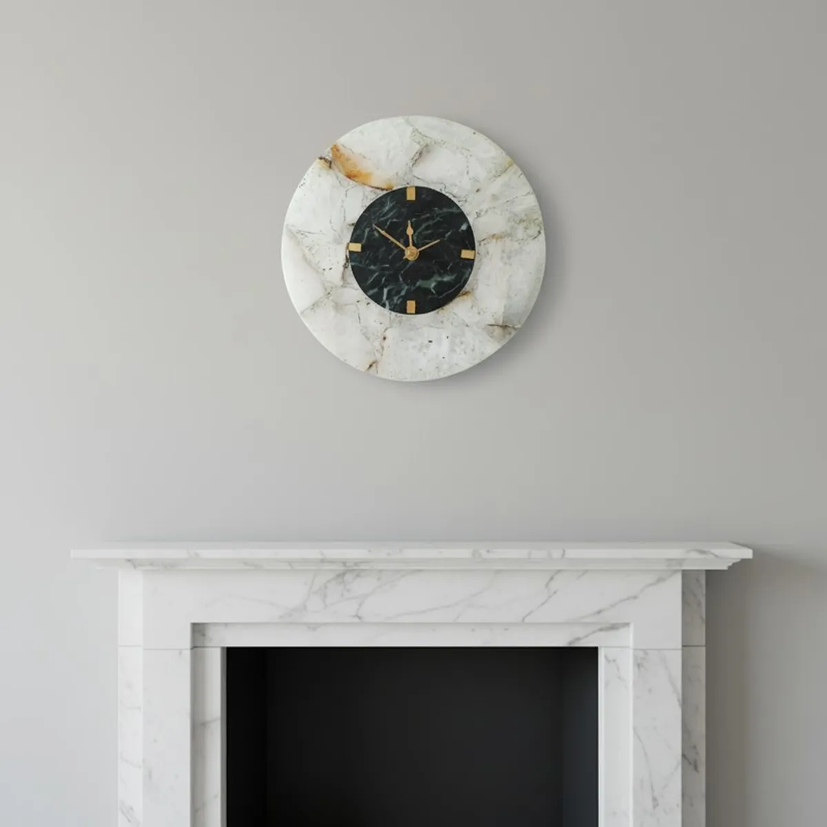 Round white and black agate clock displayed above a mantel