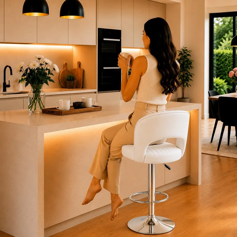 Person seated on a white bar chair at a kitchen island