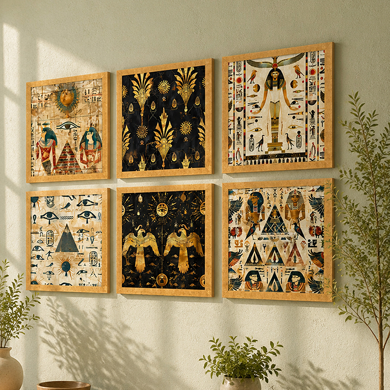 Egyptian Noir Paper Wall Painting With Frame - Set Of Six