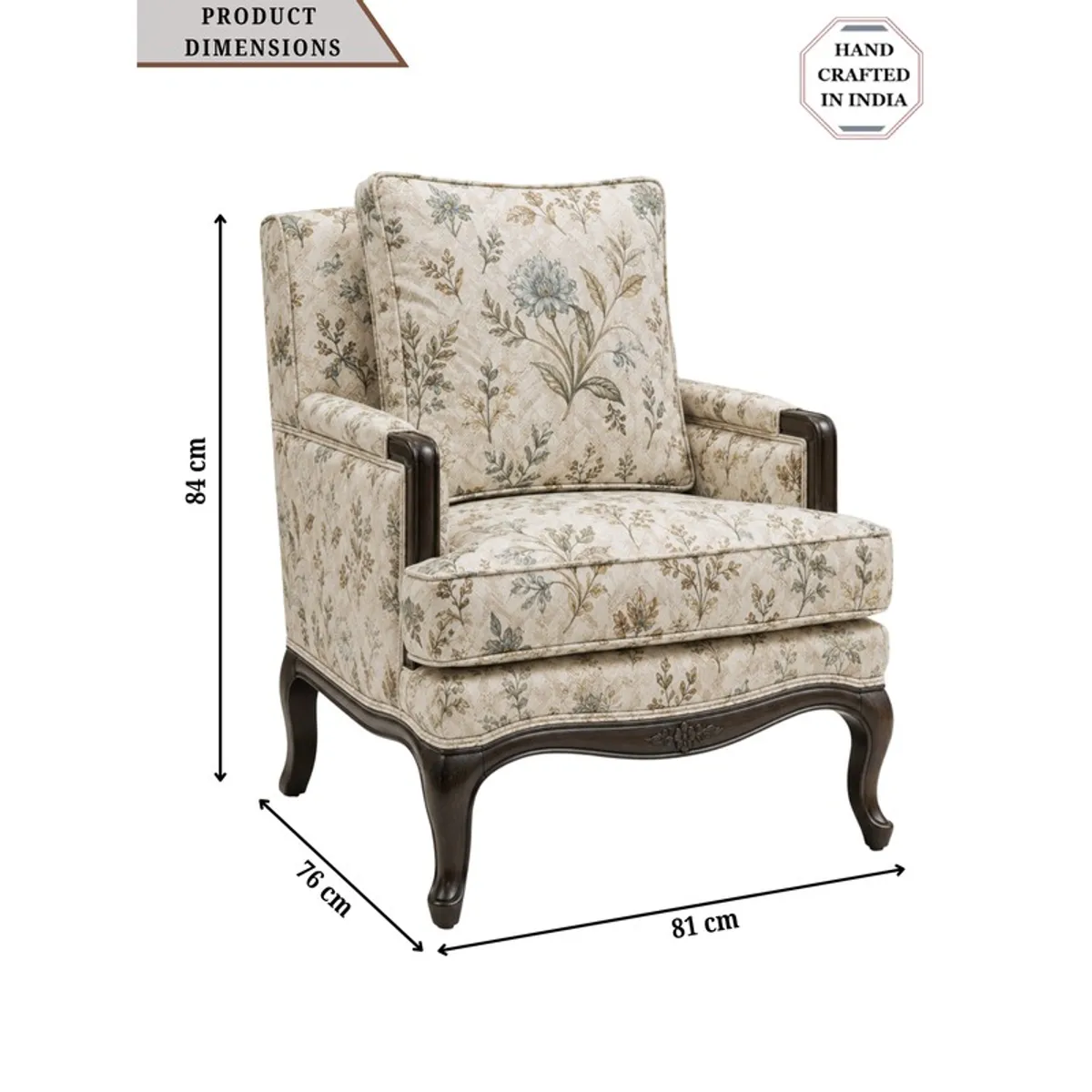 Floral lounge chair shown with dimension markings on a white background