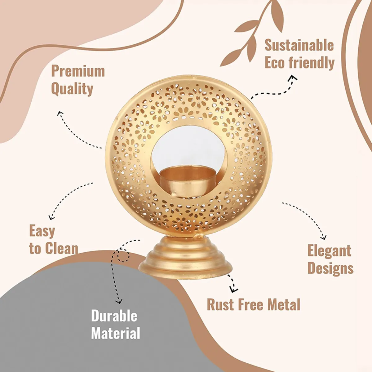 Gold ornate tealight holder shown against a decorative background