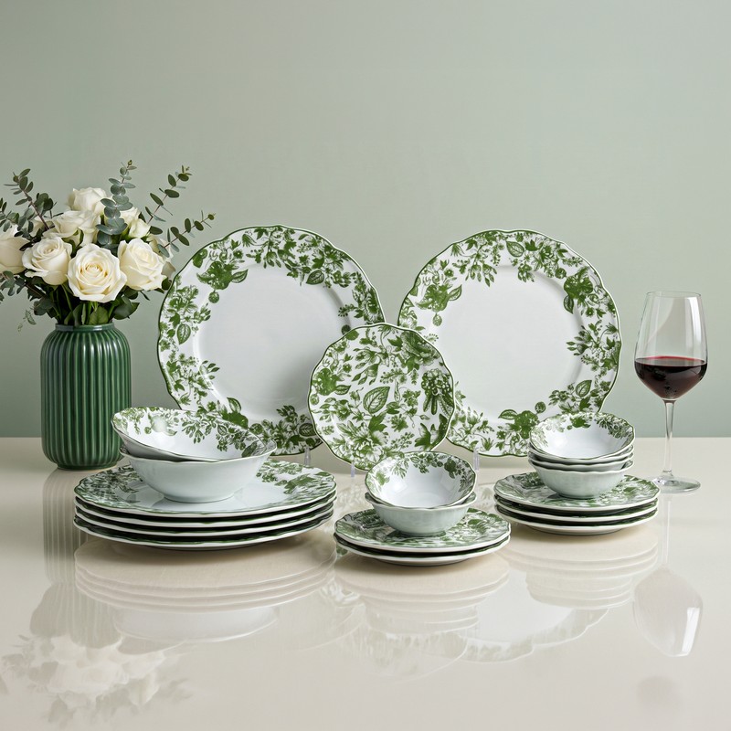Hearthline Porcelain Dinner Set (Green & White) - 20 Piece Set