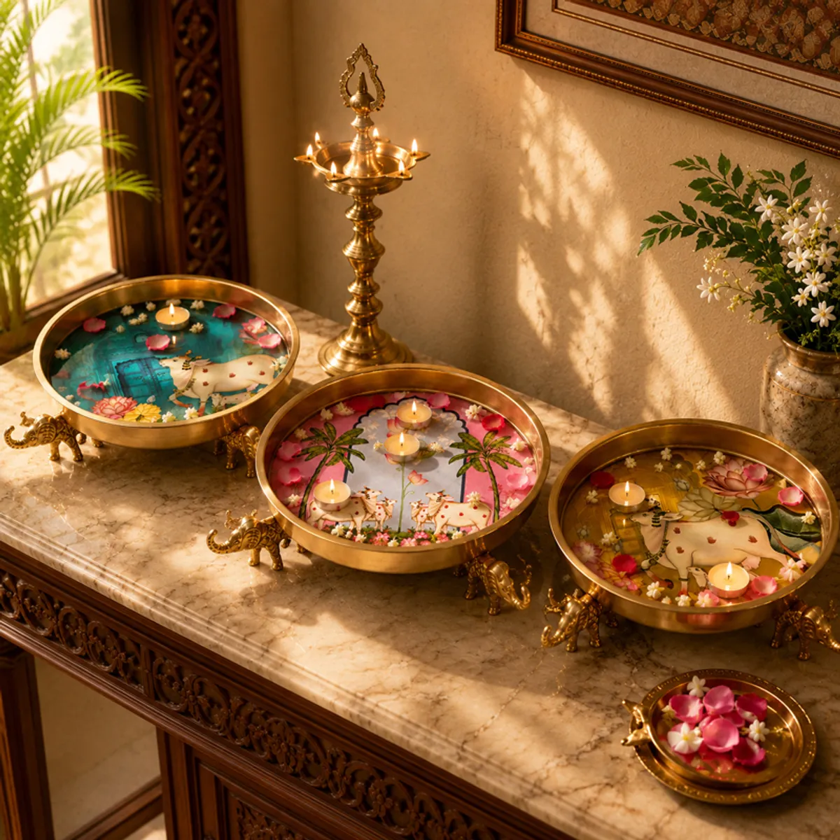 Three colourful metal urlis displayed with candles on an ornate console