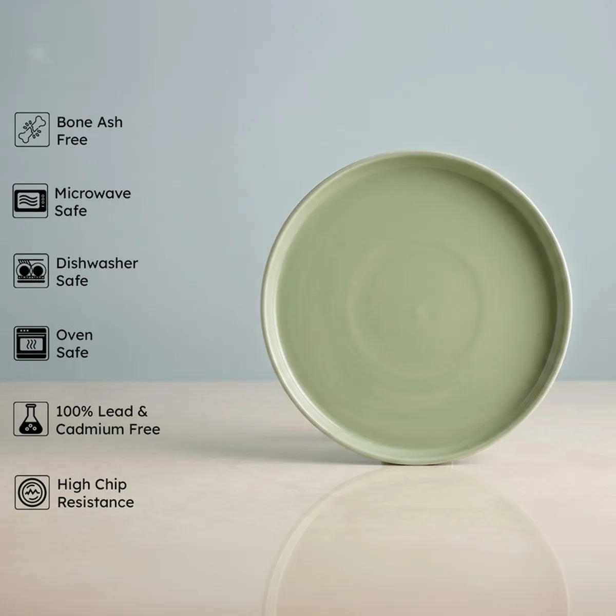 Single sage green plate shown with feature icons on a pale background