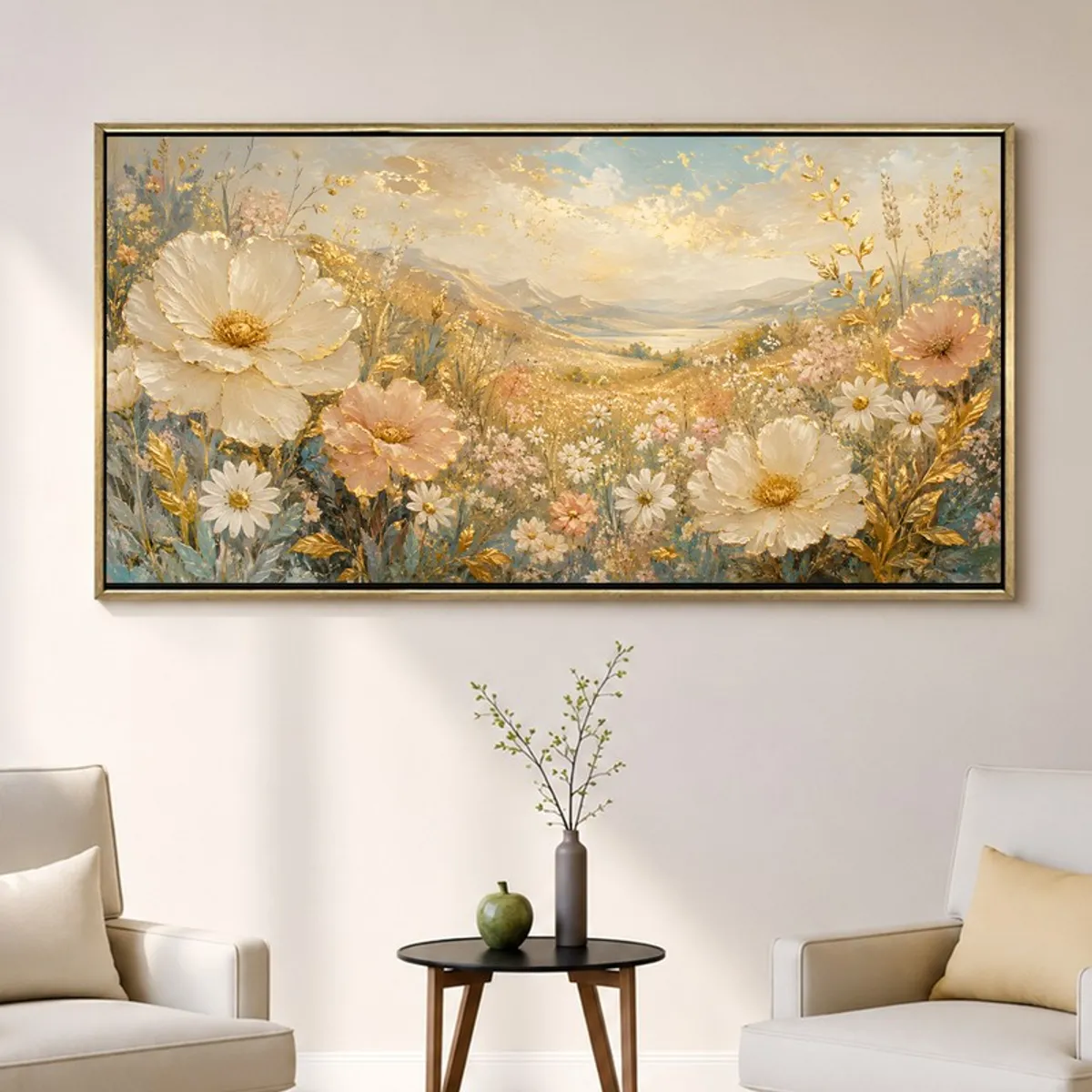 Wide floral landscape wall painting with a slim gold-toned frame