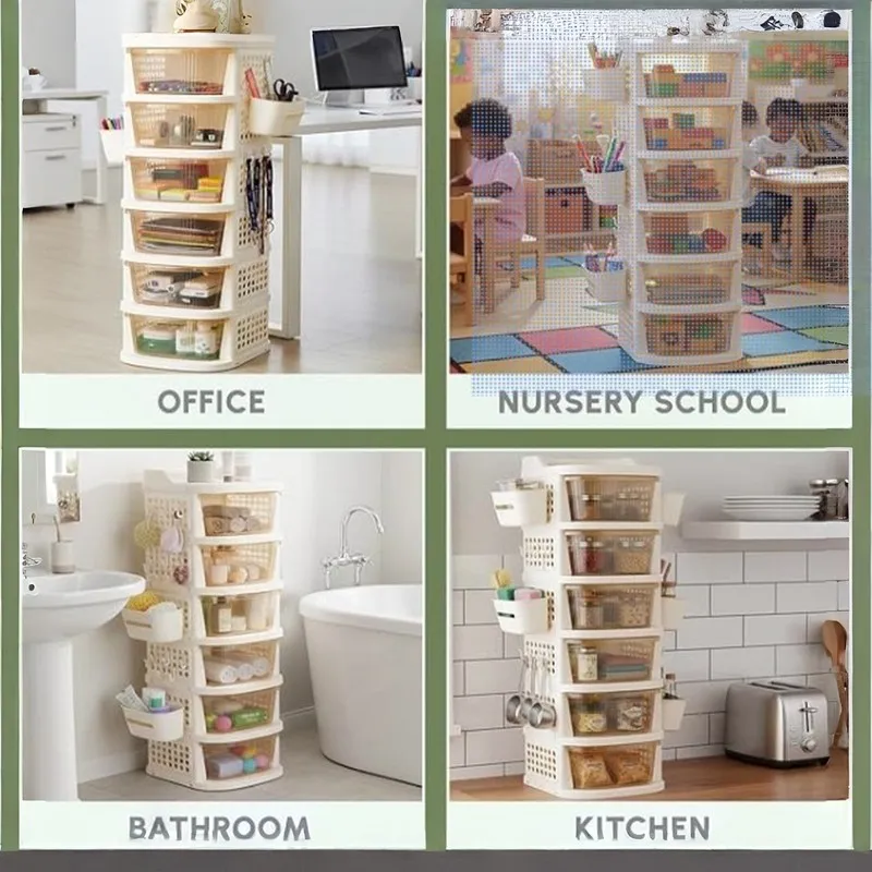 Ivory tiered organiser rack shown in office, nursery, bathroom and kitchen settings.