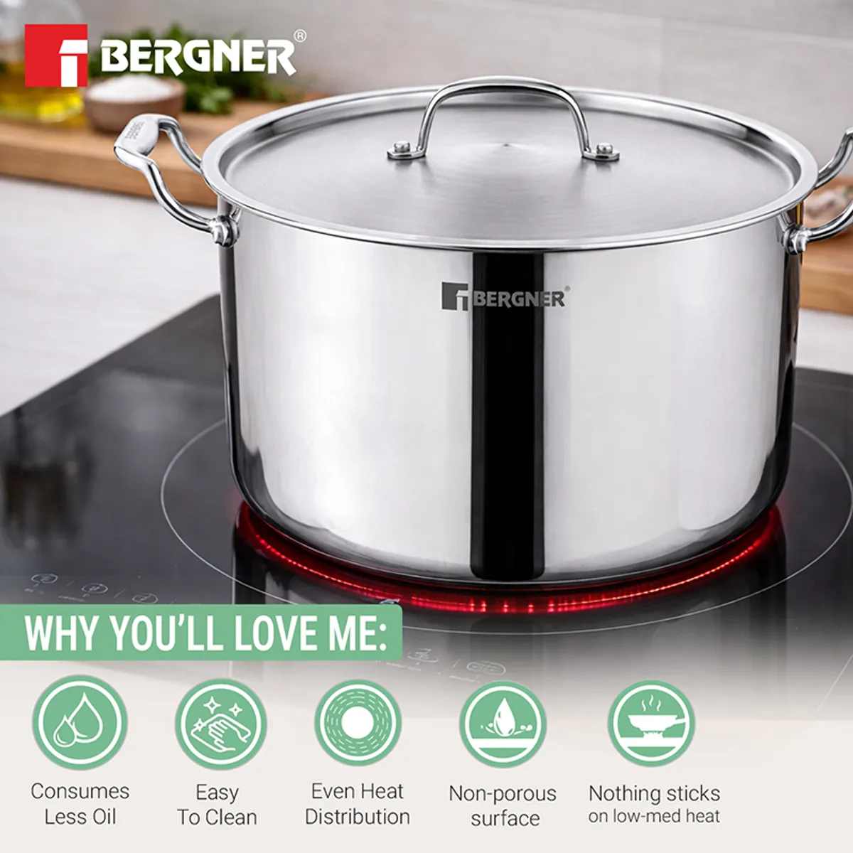 Silver cooking pot with lid placed on an induction cooktop