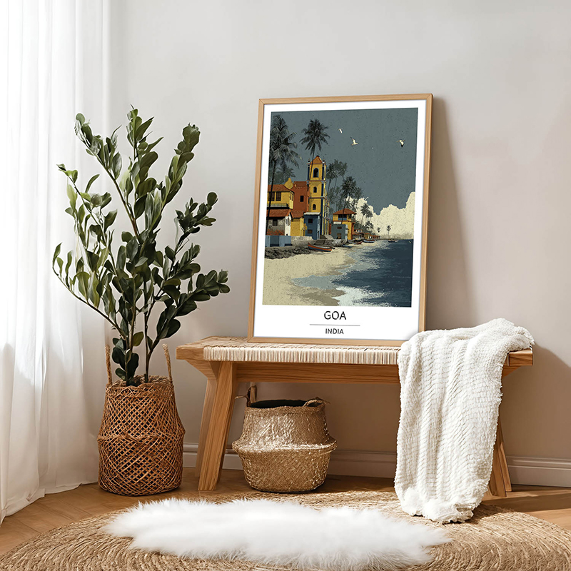 Goan Coastal Serenity Wall Art With Brown Frame - Small