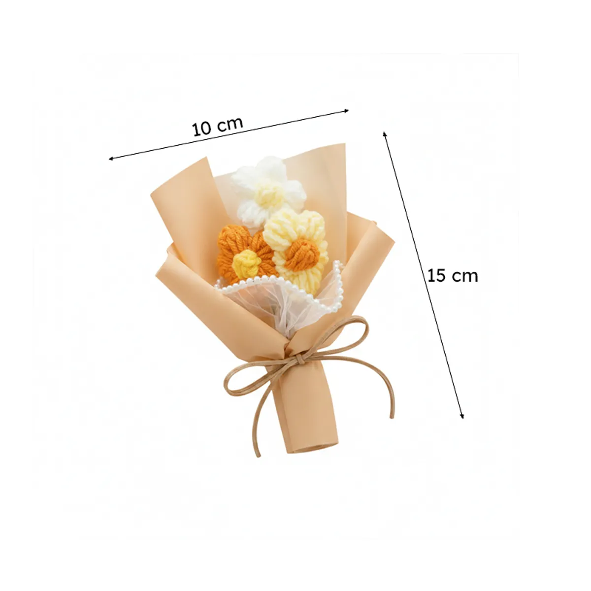 Crochet flower arrangement shown with visible 10 cm and 15 cm measurement markings.