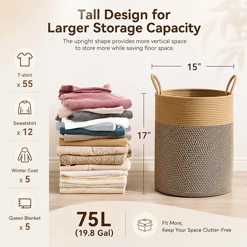 Tall brown cylindrical woven basket with loop handles beside folded clothes