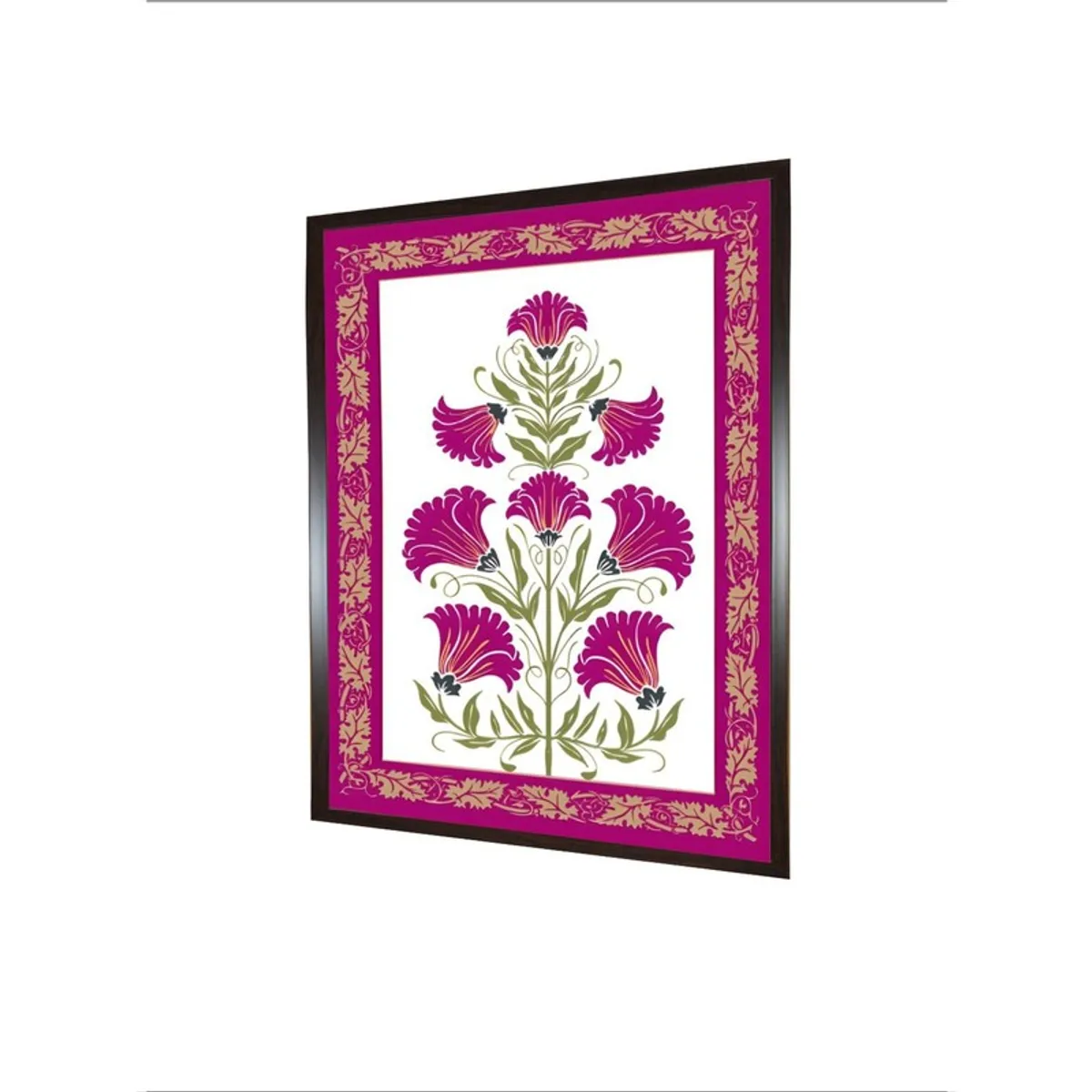 Angled view of framed pink botanical canvas wall painting