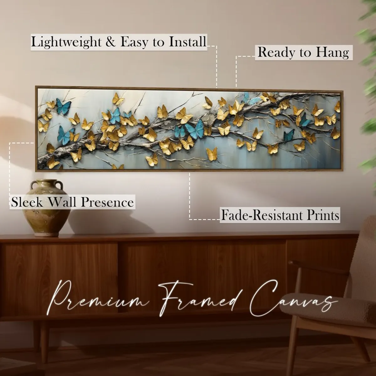 Panoramic butterfly wall art displayed on a wooden console backdrop