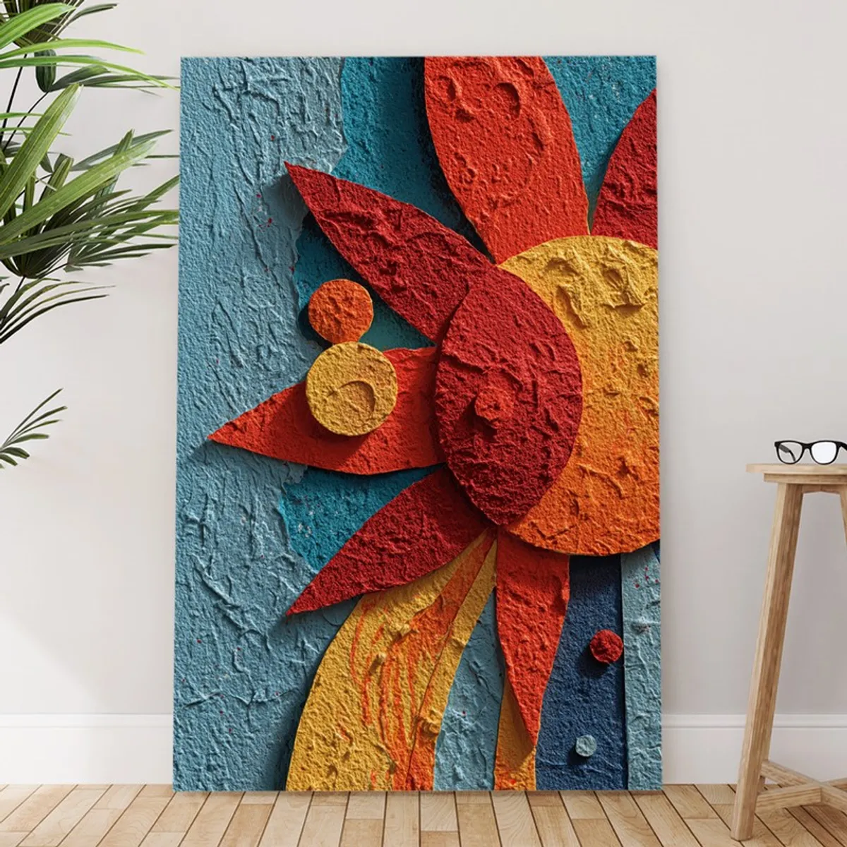 Tall rectangular sun-inspired canvas wall painting in a bright room setting