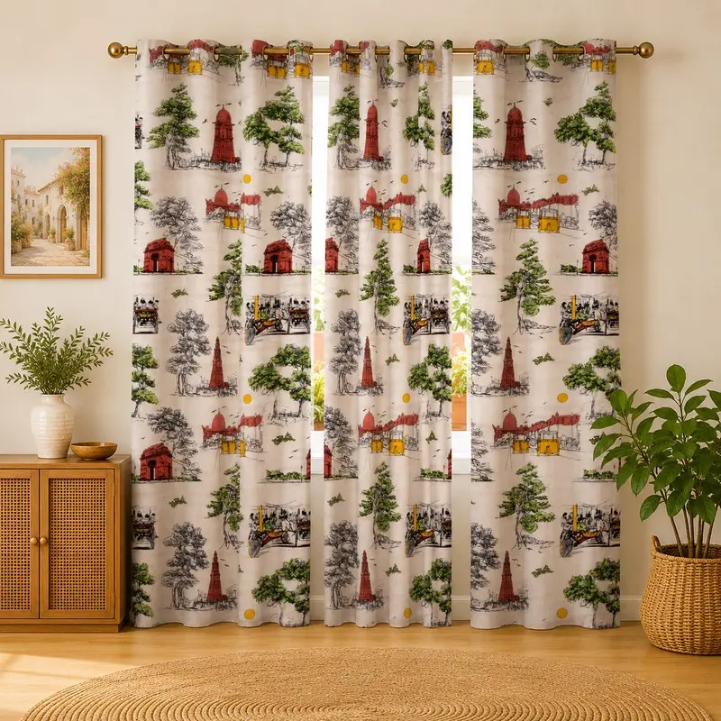 Blossia Printed Cotton Curtains - Set of Three - Door - 7 Feet