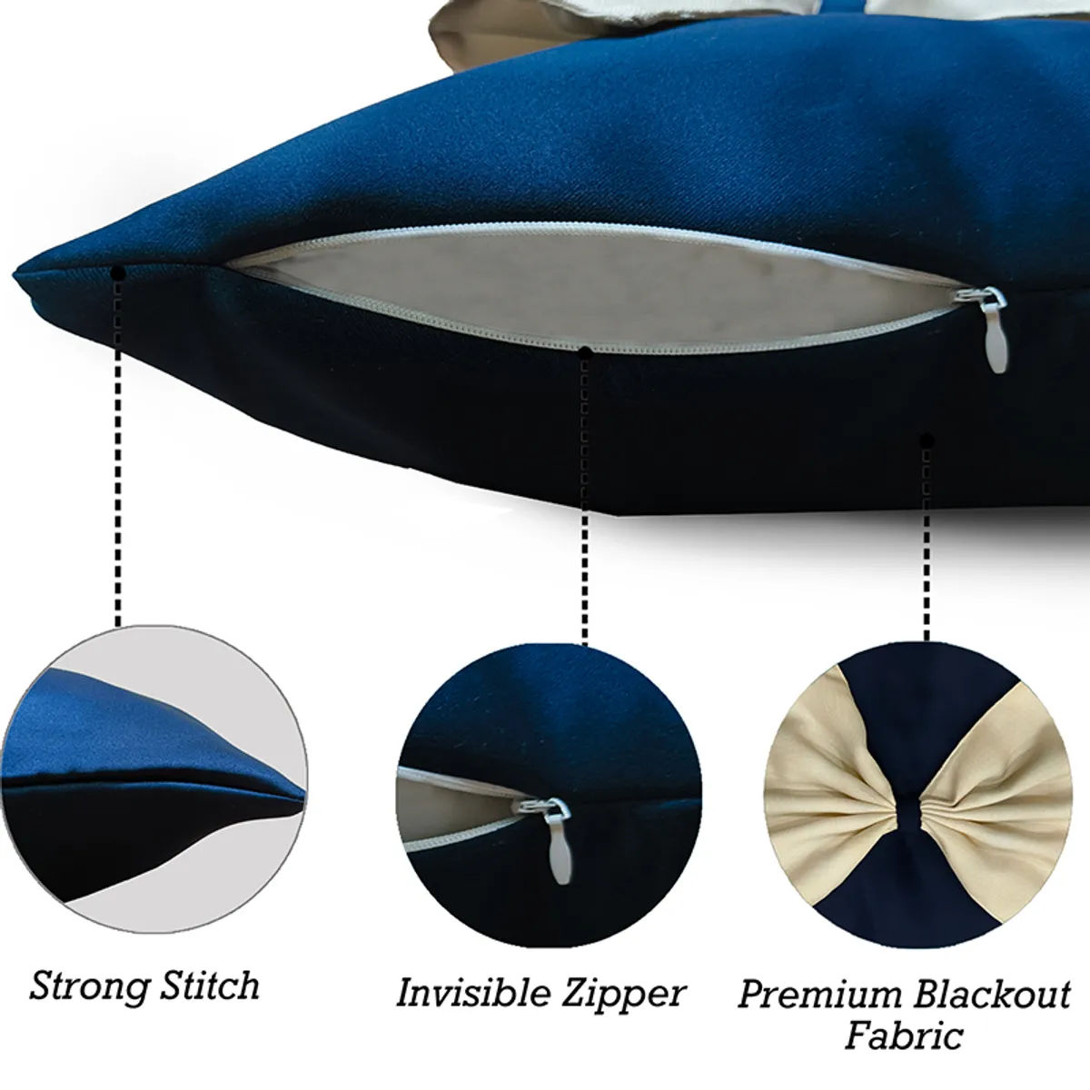 Close-up of a blue cushion cover showing its zip closure