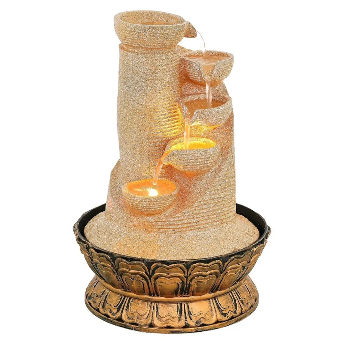 Three-quarter front view of ivory cascade fountain with illuminated water flow