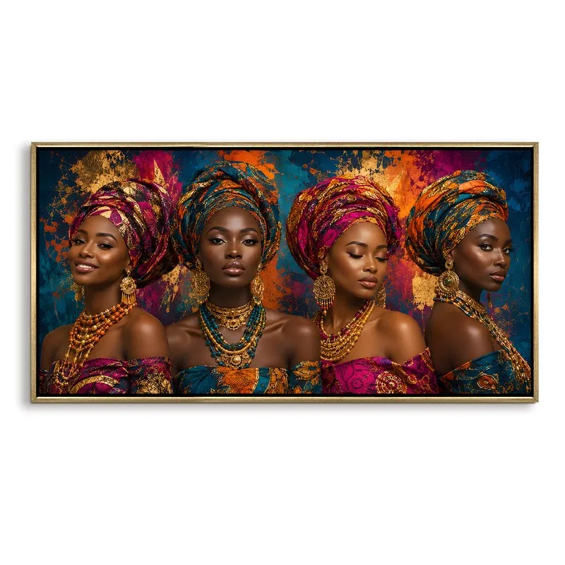 Rectangular framed canvas art with four women in vibrant headwraps on a white background.