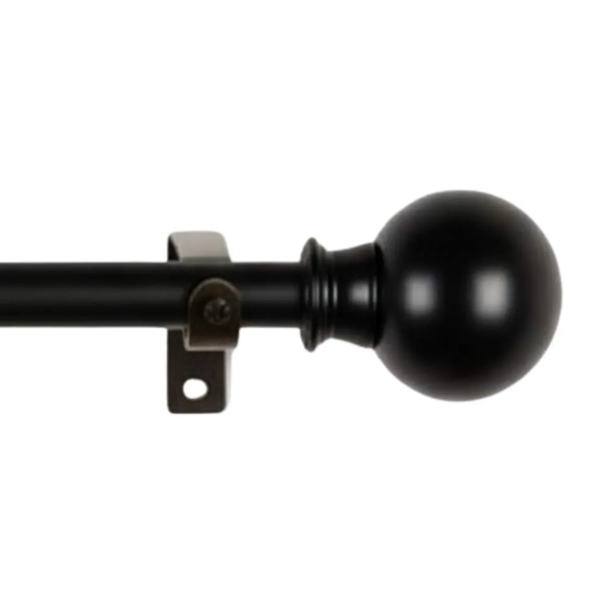 Close-up of the black curtain rod's round finial and mounting bracket.