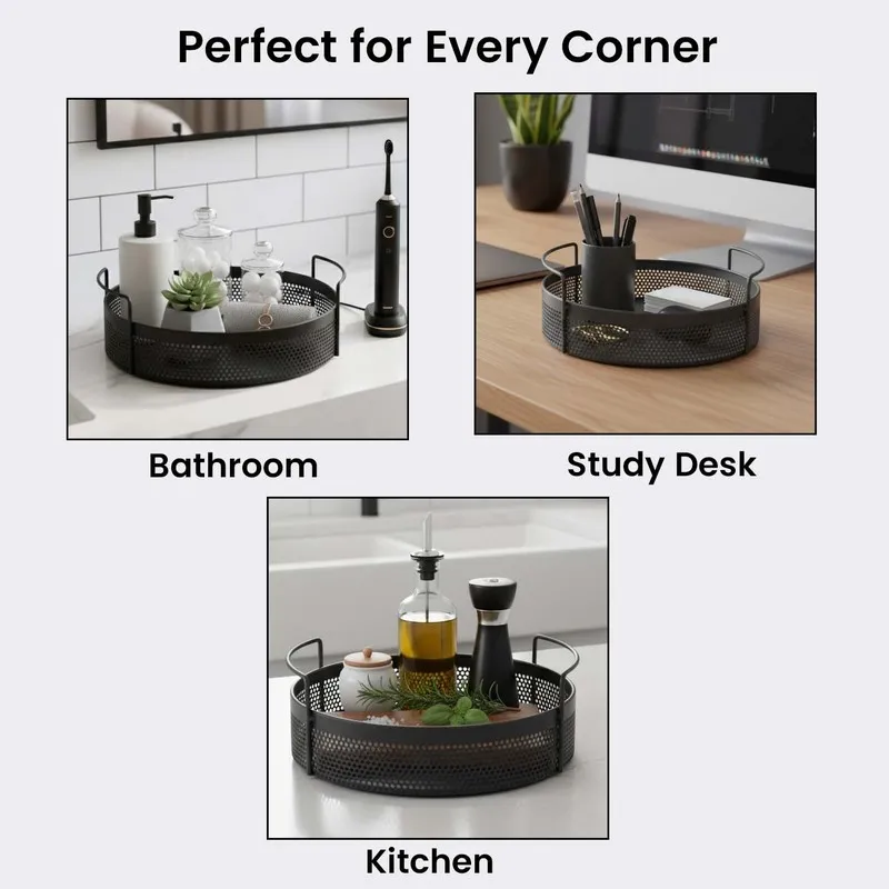 Black round handled basket shown in bathroom, desk and kitchen settings