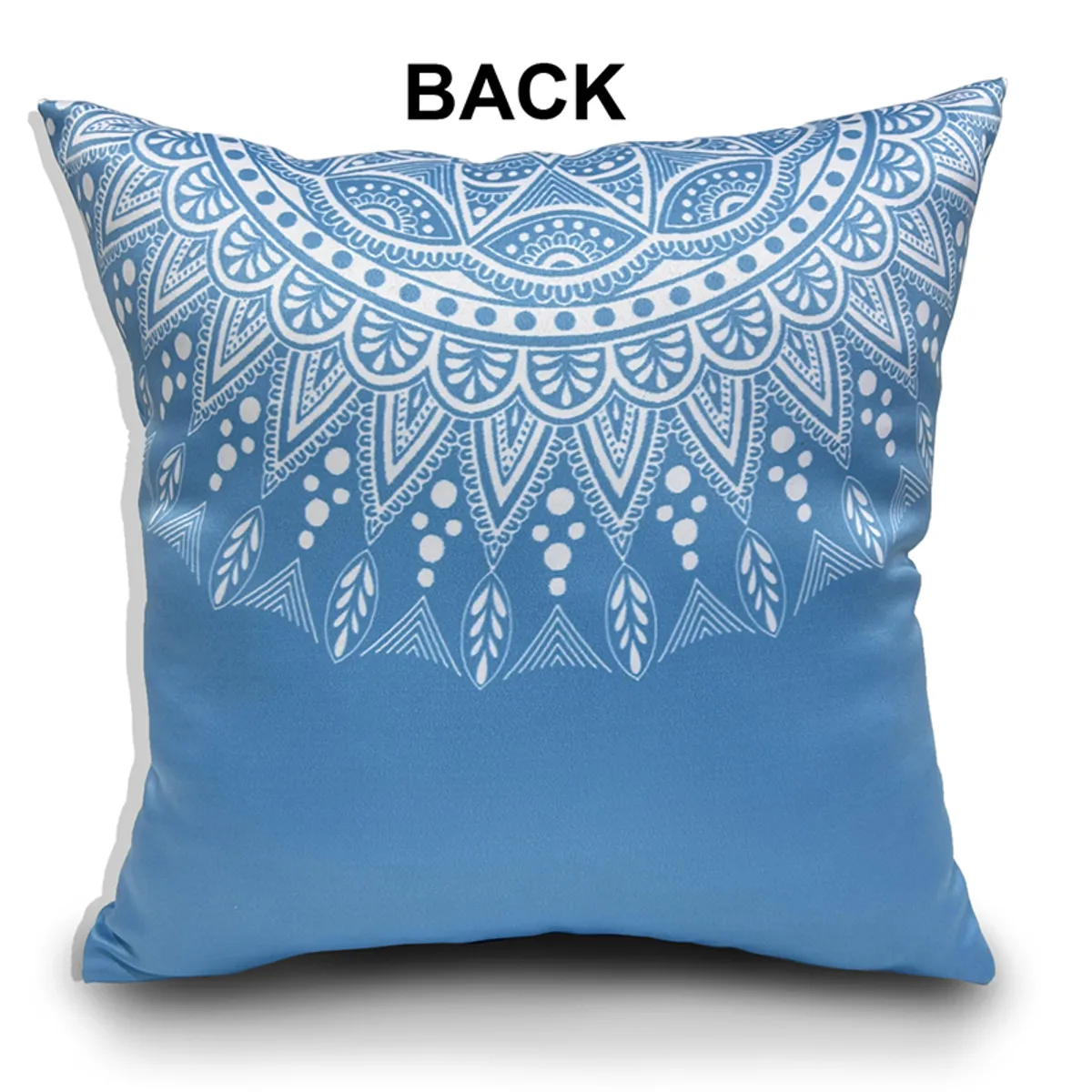 Single lighter blue square cushion cover with a white mandala print