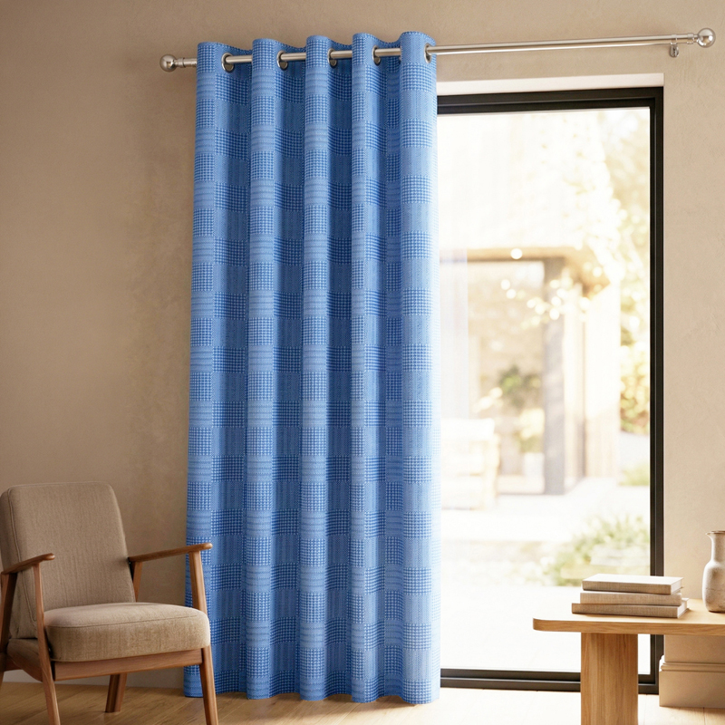 Meya Self Design Cotton Curtains - Blue - Window - 5 Feet