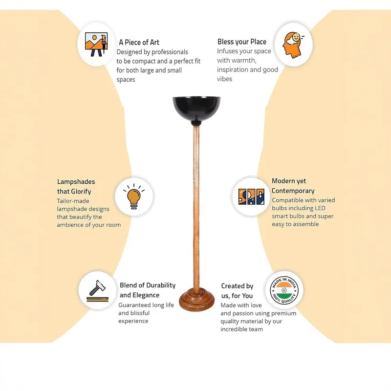 Floor lamp shown with feature graphic layout on a light background