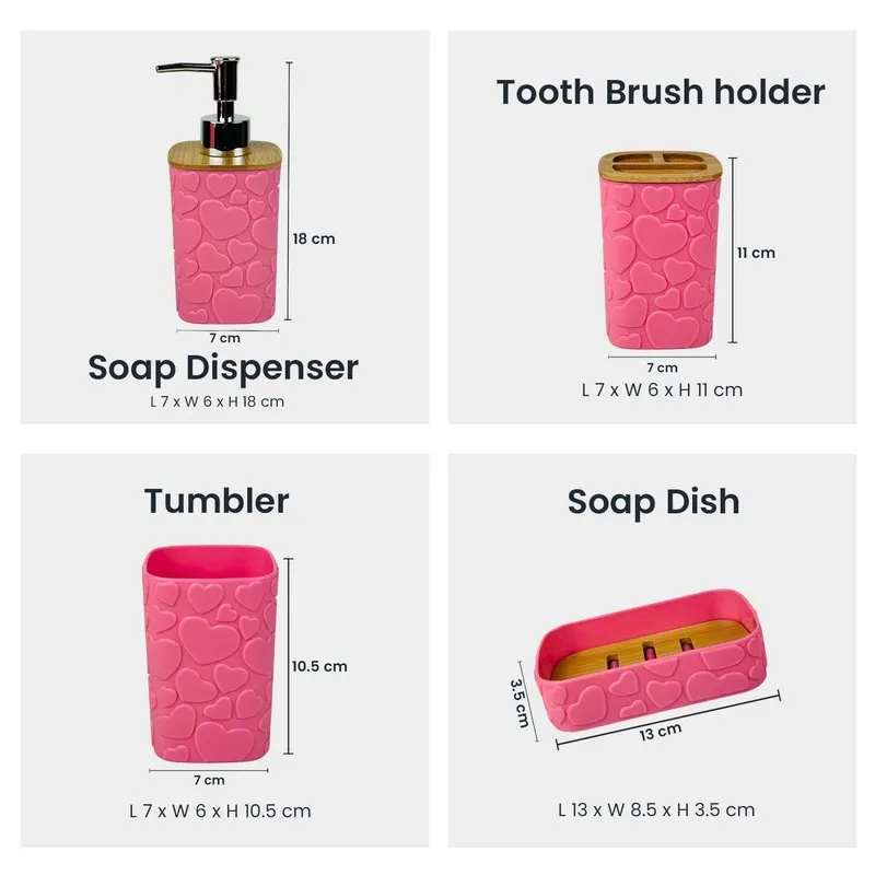 Dimension guide showing the pink soap dispenser, toothbrush holder, tumbler and soap dish